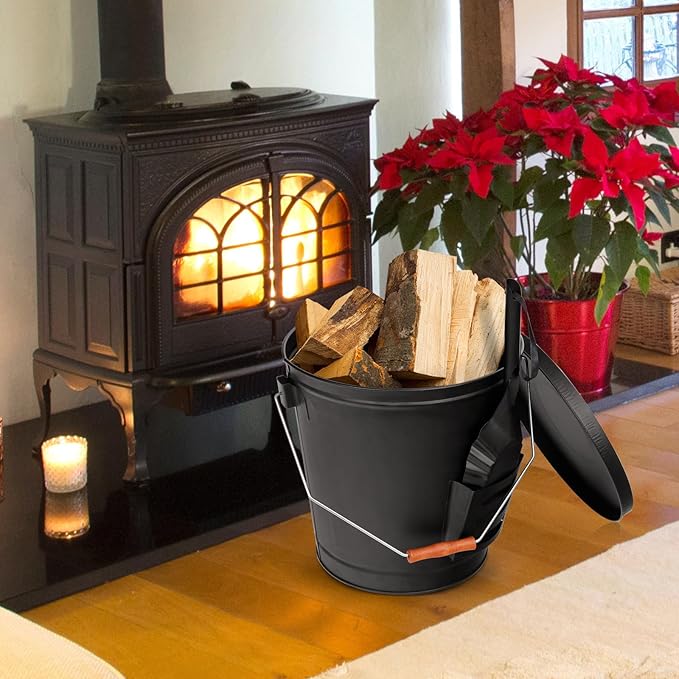 JupiterForce Ash Bucket with Lid and Shovel, 5.15 Gallon Large Galvanized Metal Hot Coal Wood Ash Carrier Pail for Fireplace, Fire Pits, Wood Burning Stoves, Grill, Outdoor Camping, Black
