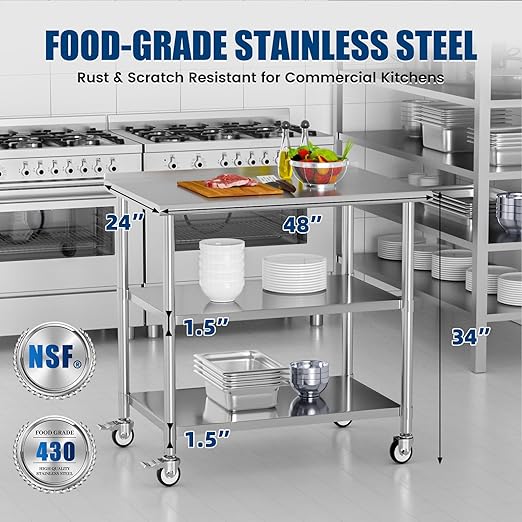 Stainless Steel Work Table with Wheels, 24x48 Inch NSF Food Prep Table with Backsplash & 2 Adjustable Undershelves for Commercial Kitchen, Restaurant, Garage