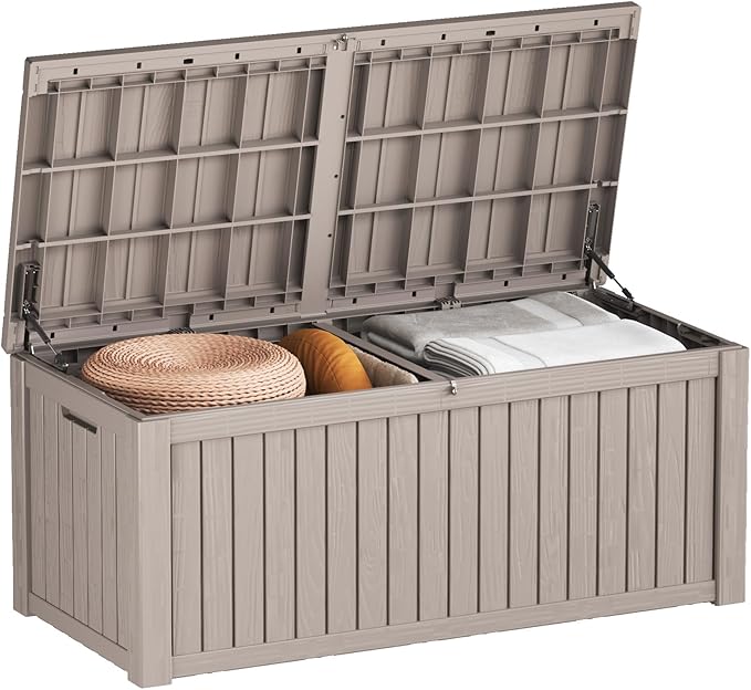 EasyUp 180 Gallon Outdoor Storage Box Waterproof, UV Resistant Resin Deck Box with Hydraulic Rod, Reinforced Stability for Patio, Garden, and Pool, Striped Gray