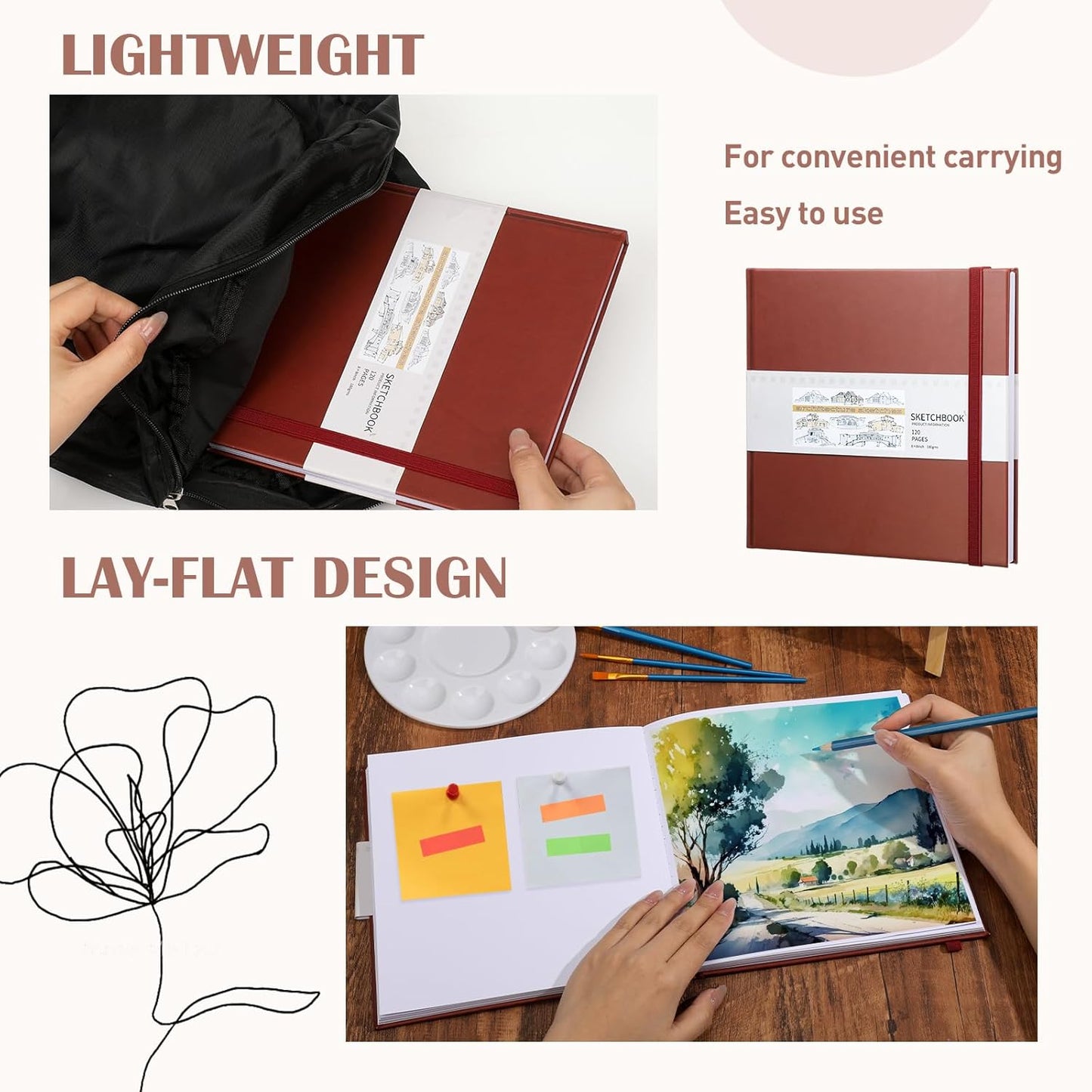 Moinchore Back to School Gifts Square Sketchbook 8 x 8 Inch Hardcover Art Sketch Book Drawing Papers 120 Pages, Mixed Media Journal Notebook with Elastic Closure Sketchbook for Drawing(Dark Red)