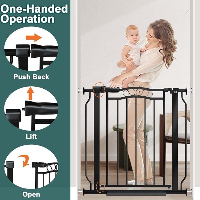 Fairy Baby 29.5"-43.7" Extra Wide Baby Gate for Stairs, Pressure Mounted Dog Gate for Doorways, Auto Close Metal Pet Gate with Arch Design for Puppy, No Drill Child Gate with Walk Thru Door, Black