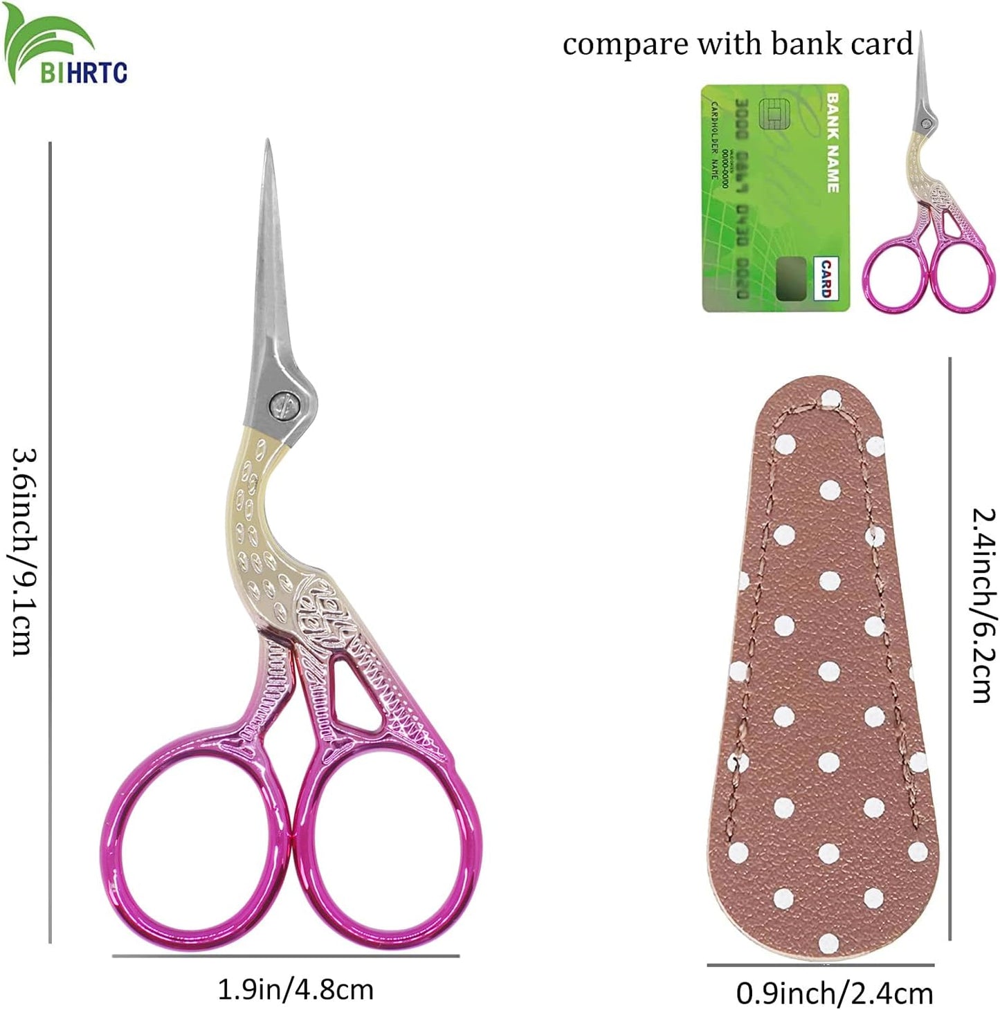 BIHRTC 3.6 Inch Embroidery Scissors Stainless Steel Sharp Tip Scissors with Leather Cover for Cross-stitch Crochet Sewing Crafting Embroidery Threading