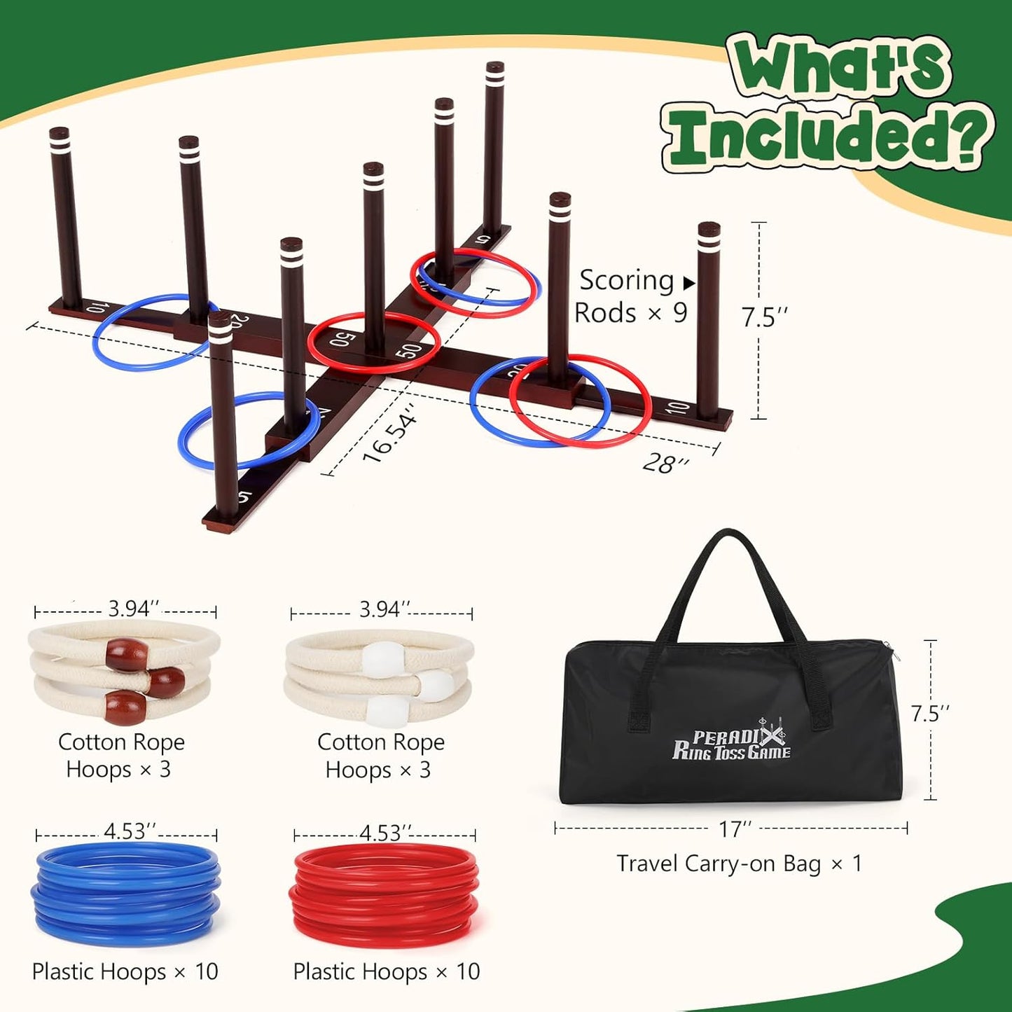 Peradix Ring Toss Game for Kids, Indoor Outdoor Fun Holiday Lawn Yard Game for Family & Adults with 26 Rings, Easy Set Up Backyard Beach Outdoor Game Toys, Portable to Carry Outside Kids Camping Sport