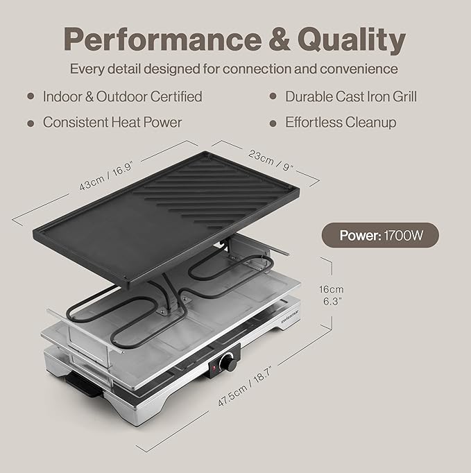 Swissmar Verso Indoor & Outdoor Raclette Grill with Cast Iron Reversible Griddle / Grill Top - 1700W Electric Raclette Set with PFAS-Free Nonstick Dishes, Variable Heat Control, 8-Person
