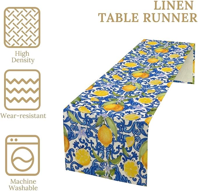 Rustic Lemon Table Runner,Vintage Morocco Blue Mediterranean Spring Summer Fruit Print Table Runner for Farmhouse Kitchen Dining Table Home Party Decor 13x120in