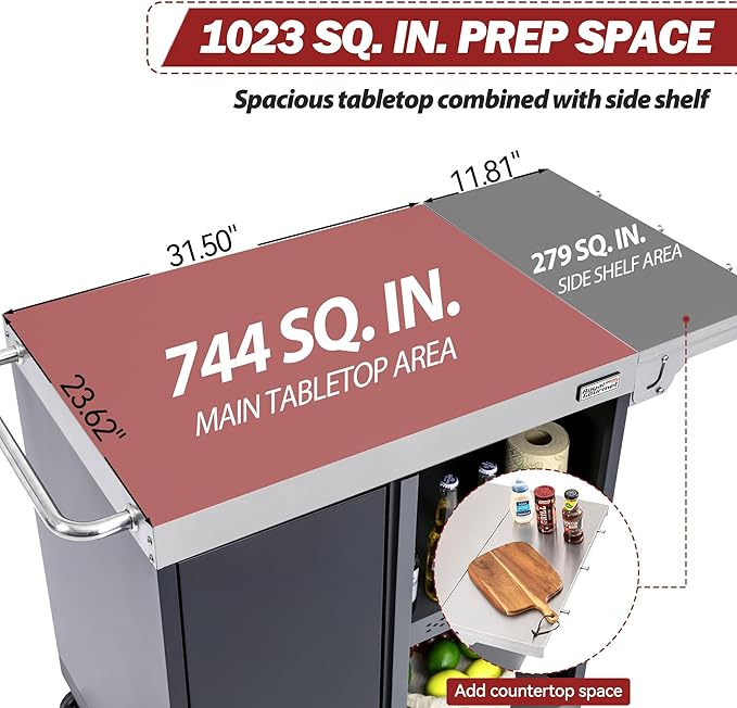Royal Gourmet PC3201S Movable Grill Cart, 43" L x 24" W Stainless Steel Countertop, Storage Cabinet with Single-Door, Foldable Side Shelf, Tool Hooks & Inner Shelves, for Indoor & Outdoor Use, Black