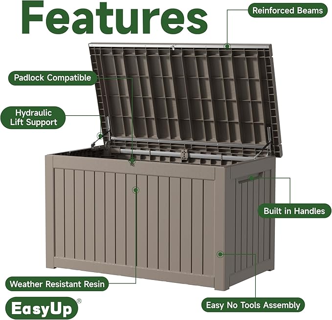 EasyUp 280 Gallon Outdoor Storage Box Waterproof, UV Resistant Resin Deck Box with Hydraulic Rod, Reinforced Stability for Patio, Garden, Striped Gray