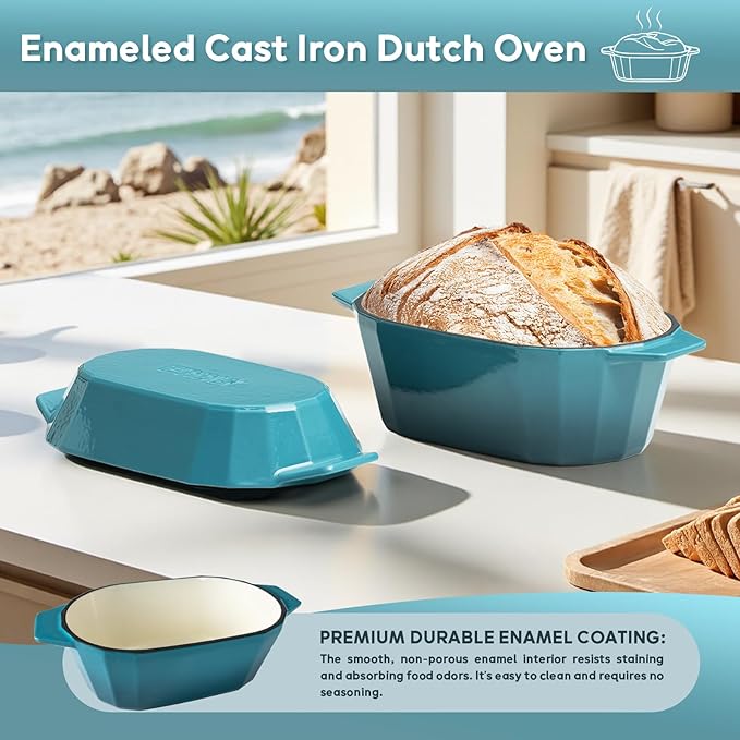 Enameled Cast Iron Dutch Oven for Bread Baking – 3QT Oval Round Heavy Duty Bread Pan with Lid, Non-Stick Ceramic Coating,Loaf Cast Iron Bread Oven for Sourdough, Baking, Roasting, Braising, Stovetop & Oven Safe