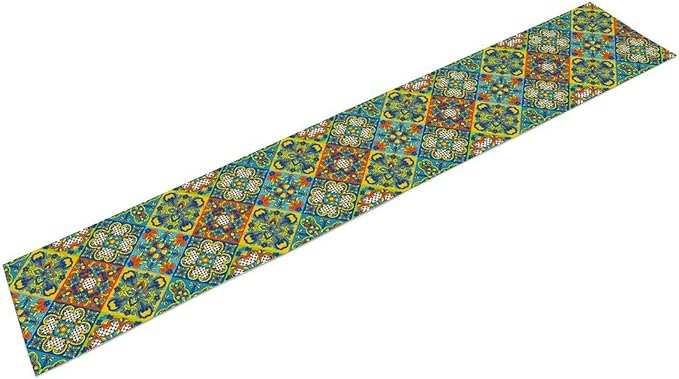 Mexican Table Runner, Blue Rustic Mexico Talavera Ceramic Hand Painted Tiles Cinco De Mayo Coffee Table Center Decor for Family Kitchen and Dining Patio Indoor Outdoor Table Decorations, 13" X 36"