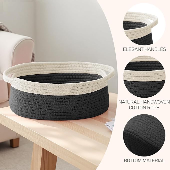 Woven Basket,Small Rope Storage Bin with Handles & Ribbon Bag, Organizer for Shelves Closets,Gift Basket Empty for Birthday,Books,Dog Toys, White&Black