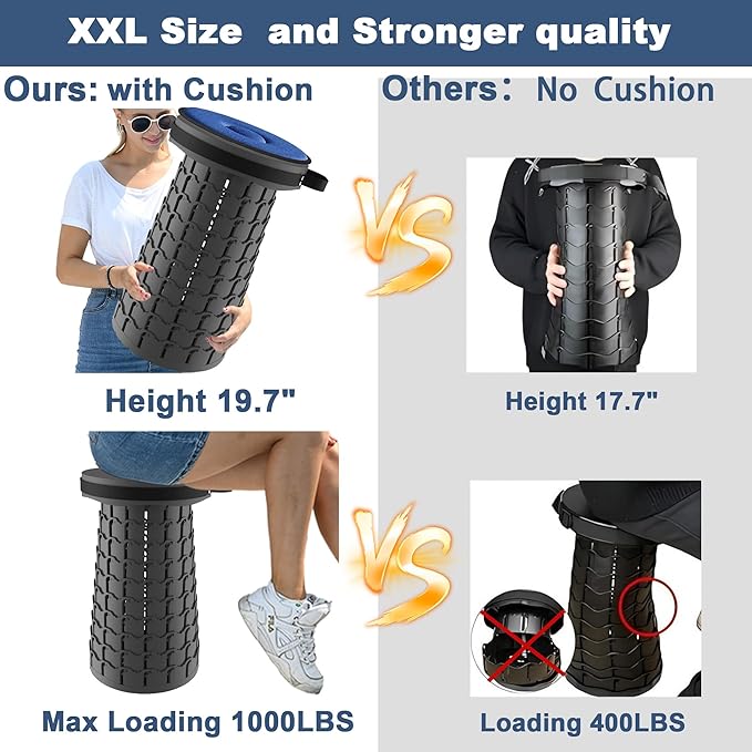 ALEVMOOM XXL Collapsible Stool with Thick Cushion,Taller 19.7" Wider 11.8" Camping Chair More Sturdy Capacity 1000LBS,Portable Telescoping Adjustable Stool for Garden Fishing Hiking BBQ (Large Black)