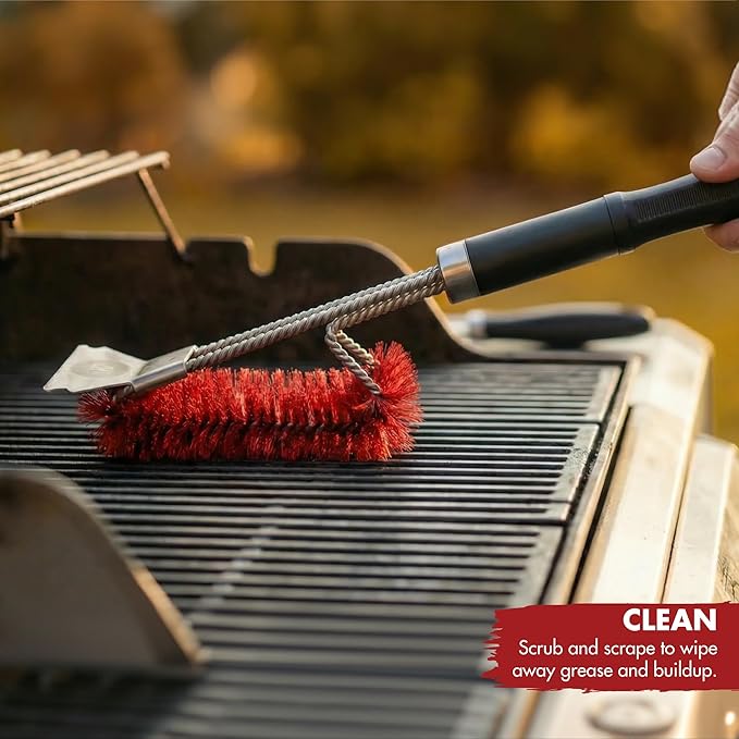 KITCHEN PERFECTION Nylon GrillSaver - Safe BBQ Grill Brush with Replaceable Cleaning Head -Heavy-Duty Grill Cleaner w/Scraper for Porcelain & Ceramic Grates, Includes Magnetic Hanger & Bottle Opener
