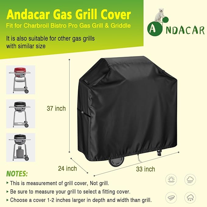 Outdoor Grill Cover for Char Broil Bistro Pro Electric Grill Grill & Griddle-25302146 25302145 25302161, Waterproof Gas Grill Cover Patio BBQ Griddle Covers - 33" L×24" W×37" H, Black