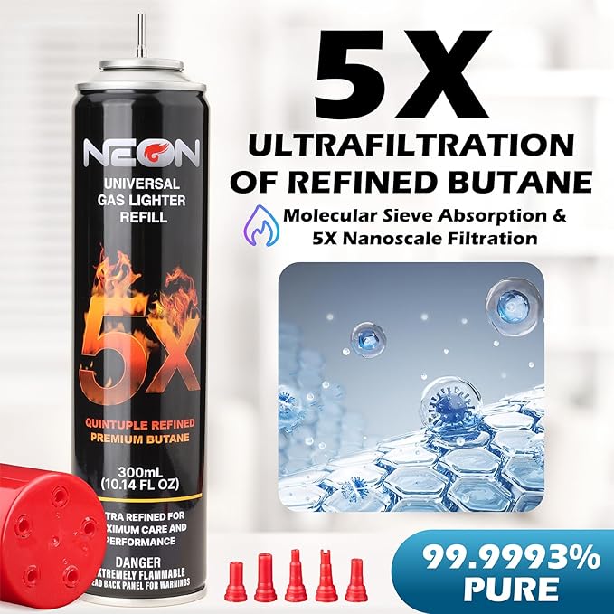 NEON Butane Fuel 300ml, 5X Premium Refined Butane Refill for Torch Lighter, 0 Impurities Lighter Fluid with Metal Nozzle & 5 Butane Gas Refill Adapters for Culinary, Welding, and DIY (4 Cans)