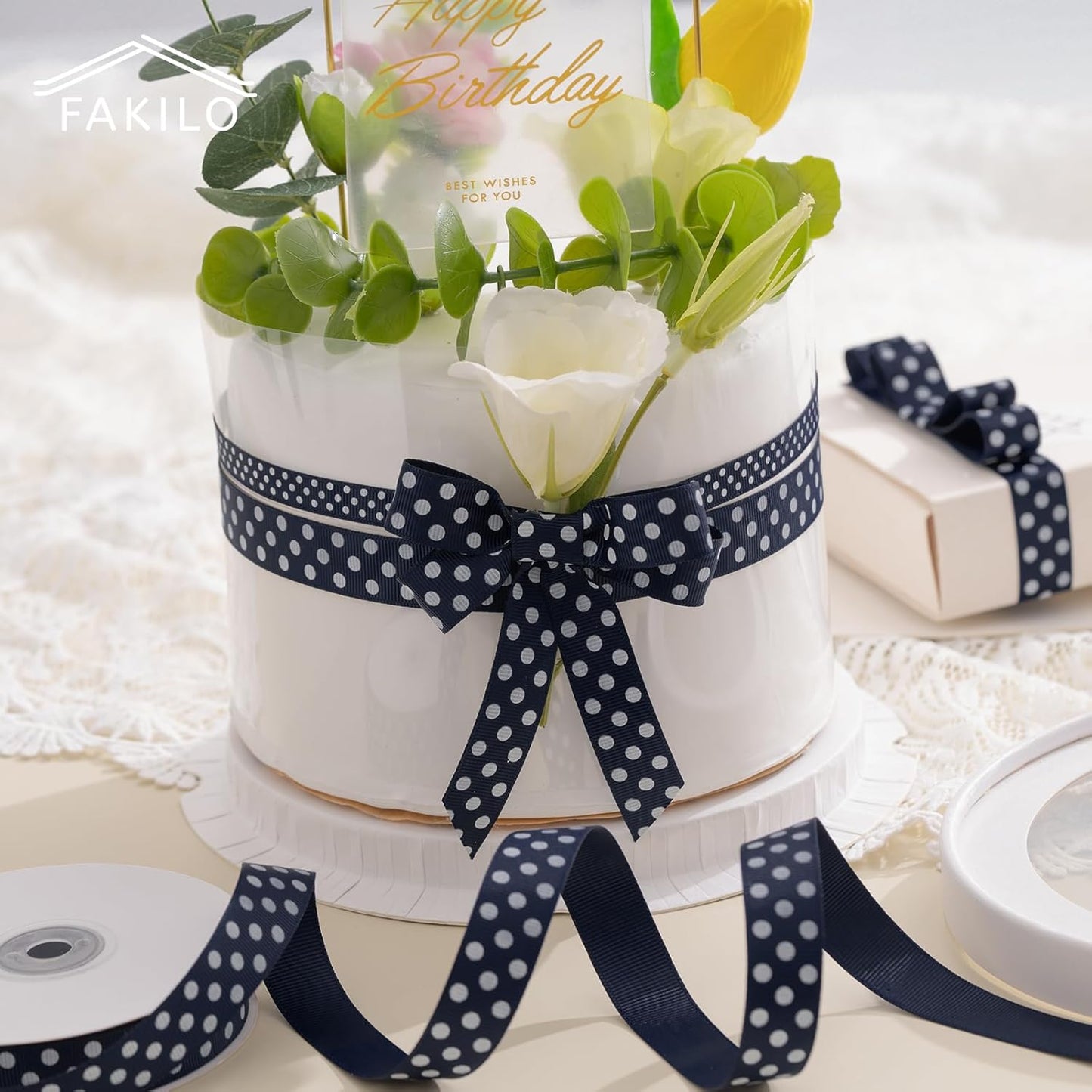 Polka Dot Grosgrain Ribbon 3/4 Inch, 25 Yards Spool Navy Blue and White Dot Craft Ribbon for Christmas Gift Wrapping DIY Crafts Hair Bows Wedding Party Decor Sewing and Home Decoration