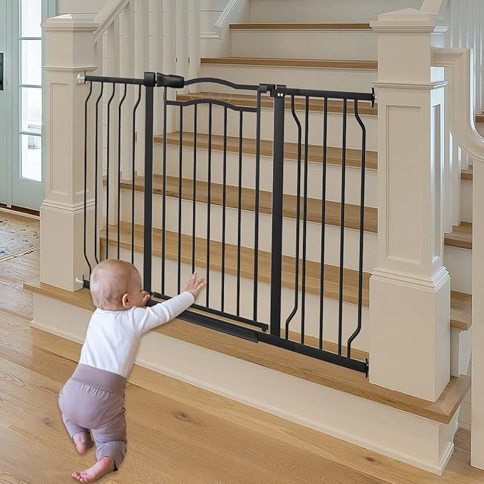 Fairy Baby 29.5"-53.1" Extra Wide Baby Gate for Doorways, No Drill Baby Gate for Stairs Hallway, Pressure Mounted Safety Child Gate Pet Barrier, Walk Thru Auto Close Metal Dog Gate Indoor, Black