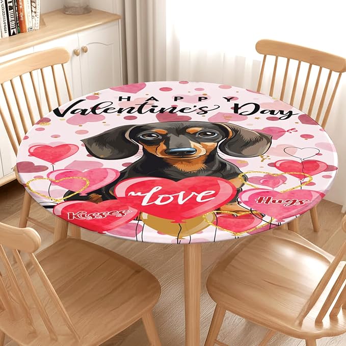 Valentines Day Round Fitted Tablecloth with Elastic Pink Love Heart Dog Circle Table Cloth for 40-44" Tables Wipeable Waterproof Washable Valentine Puppy Table Cover for Picnic Dining Party Decor