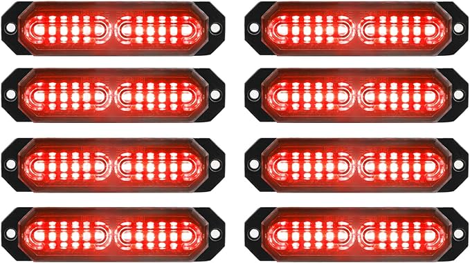 ASPL 8pcs Sync Feature Ultra Slim 12-LED Surface Mount Flashing Strobe Lights for Truck Car Vehicle LED Mini Grille Light Head Emergency Beacon Hazard Warning Lights (Red)