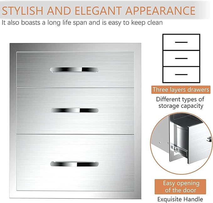Outdoor Kitchen Drawers, Box Frame Style Flush Mount BBQ Drawer w/Stainless Steel Handle, BBQ Island Drawers For Patio Grill Station,Three Drawers