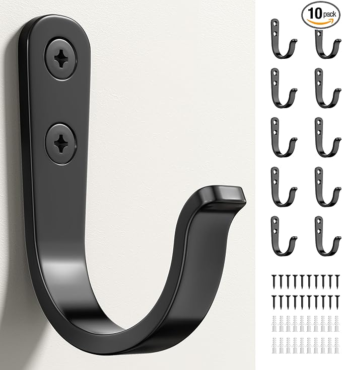 10Pcs Wall Hooks for Bathroom, Kitchen, Closet, and Garage - Black Metal Hooks for Hanging Coats, Towels, Hats, Keys, Bags, and Coffee Cups - Holds Up to 40 lbs