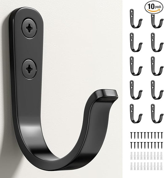 10Pcs Wall Hooks for Bathroom, Kitchen, Closet, and Garage - Black Metal Hooks for Hanging Coats, Towels, Hats, Keys, Bags, and Coffee Cups - Holds Up to 40 lbs