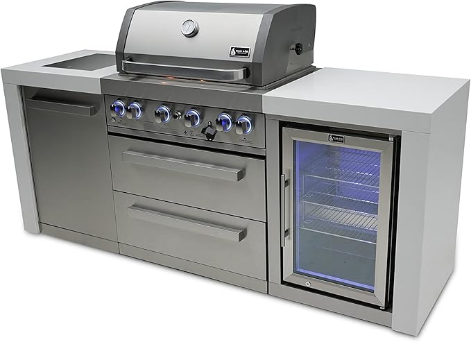 Mont Alpi MAi400-DFC 32-Inch 4-Burner 78000 BTU Deluxe Stainless Steel Gas Outdoor Kitchen Bar Barbecue Island Grill w/Infrared Side Burner + Wine Cooler Compact Refrigerator + Rotisserie Kit