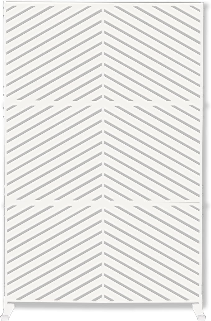 Kozyard Metal Privacy Screen 74" H x 47.2" W Decorative Outdoor Divider with Stand Panels Freestanding Screen Set for Deck Patio Balcony Garden Outdoor&Indoor (White/Chevron)