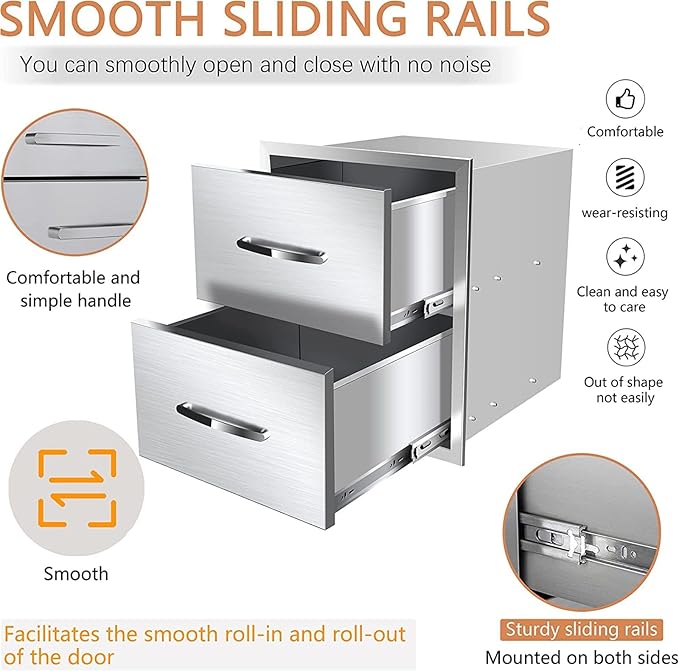 Pull Out Trash Drawer, Lower Sliding Rails Stainless Steel Roll Out Trash Bin Pull Out Tray With Handle For Outdoor Kitchen BBQ Island Grill Station,Double Drawers