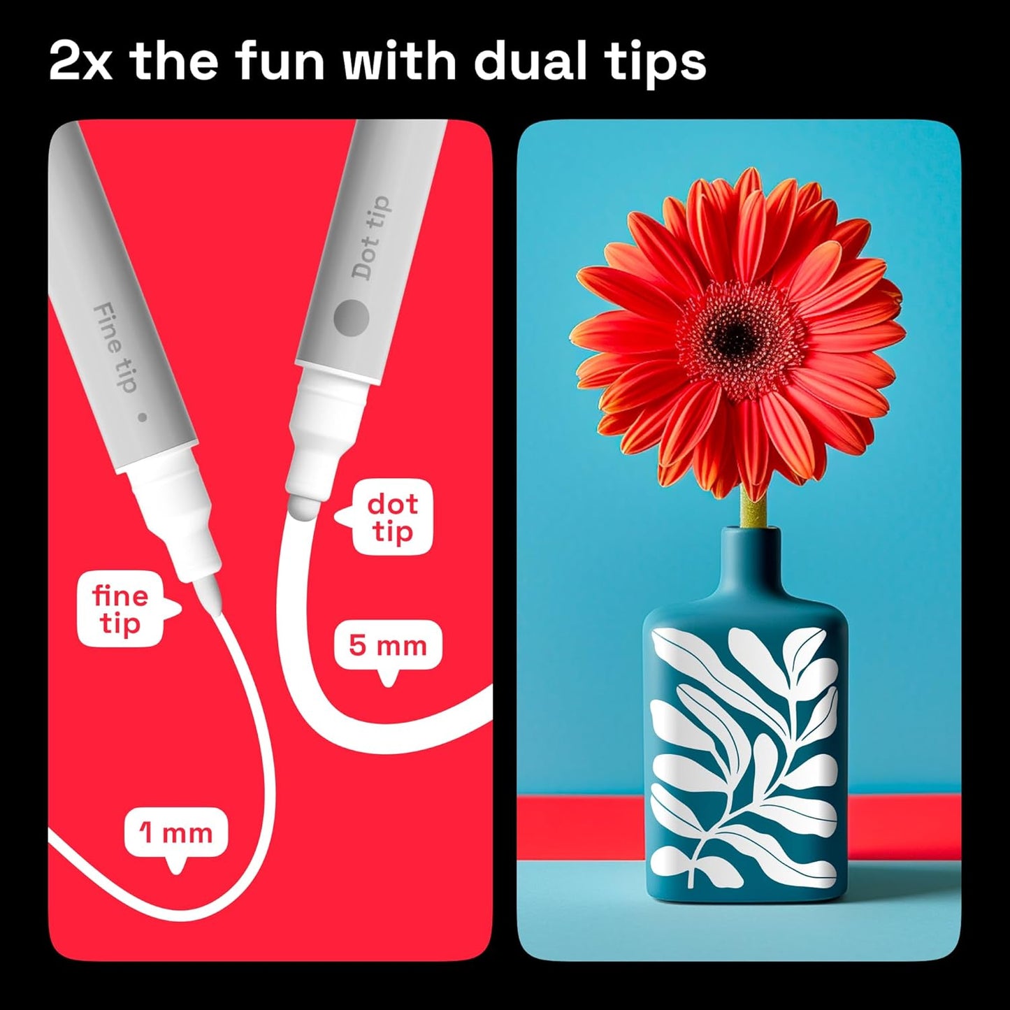 ARTISTRO 5 White Dual-Tip Acrylic Paint Pens for Rock, Ceramic, Glass, Wood, Fabric - White Markers for Acrylic Painting, 5mm Dot + 1mm Fine Tips