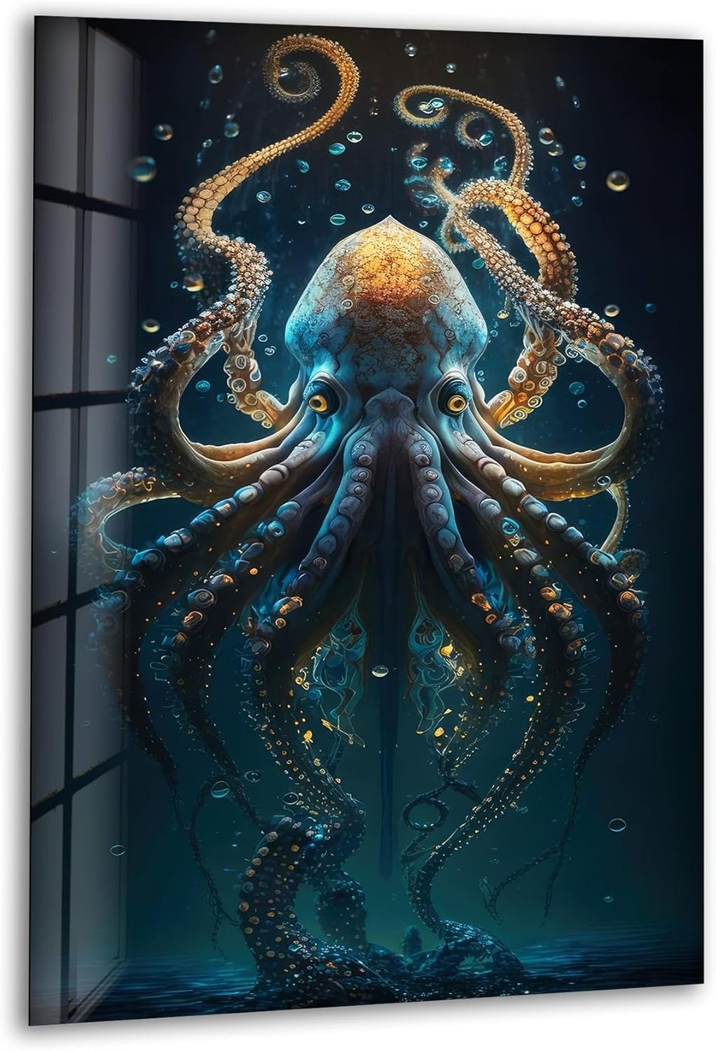 My Photostation.com 18Wx28H'' Underwater Blue Octopus Glass Wall Art Tempered Glass Printing Wall Decor Large Wall Art Wall Hangings