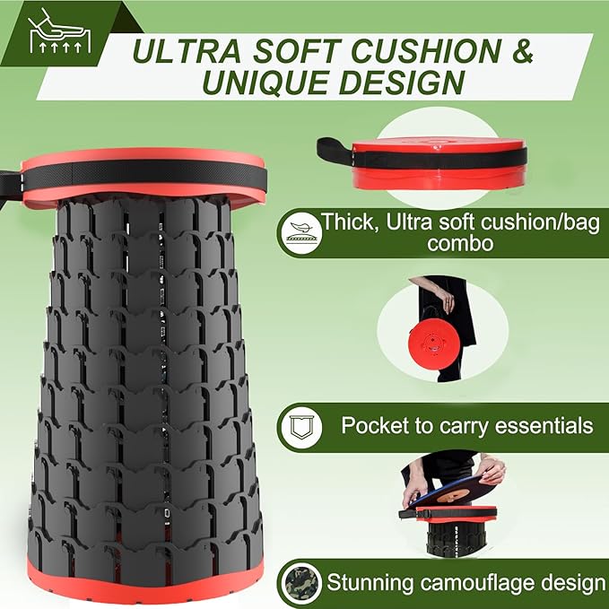 ALEVMOOM Upgraded XXL Collapsible Stool with Cushion 19.7",1000lbs Max Weight,Wider & Taller Pop Up Seat, Heavy Duty Portable Retractable Folding Stool for Camping & Outdoors (Red)