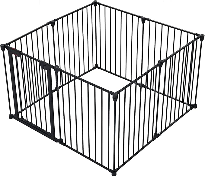 8-Panel Configurable Metal Safety Gate Play Yard - 200" Adjustable Pet Fence with Walk-Through Door for Stairs, Fireplace, Christmas Tree - Indoor Foldable Child Barrier, Black