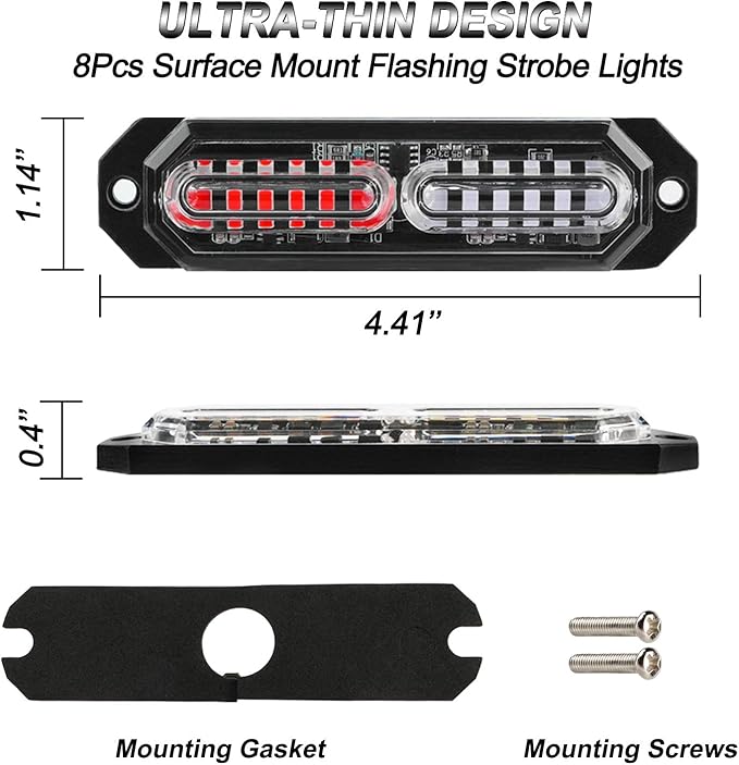 ASPL 8pcs Sync Feature Ultra Slim 12-LED Surface Mount Flashing Strobe Lights for Truck Car Vehicle LED Mini Grille Light Head Emergency Beacon Hazard Warning Lights (Red/Blue)