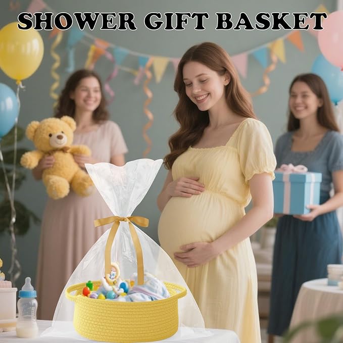 Gift Basket with Gift Bag and Ribbons,Small Rope Woven Shelf Storage,Baskets for Gifts Empty,Birthday,Baby Shower,Decorative Organizer Box with Handles(Yellow)
