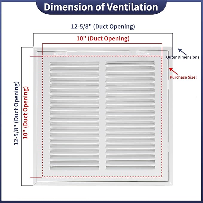 10"W x 10"H [Duct Opening Size] Steel Return Air Filter Grille - Removable Face/Door for 1 inch Filters -HVAC Vent Cover Grill - White [Outer Dimensions: 12 5/8"W X 12 5/8"H]