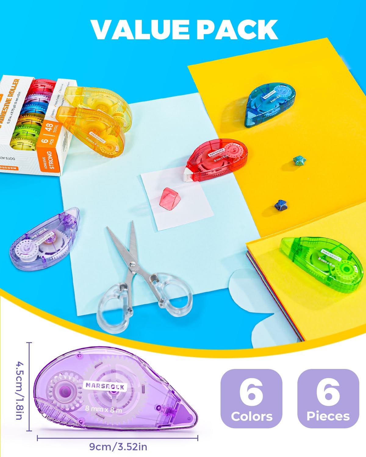 Double-Sided Adhesive Dots Roller – 6 Pack (0.31IN x 26FT) Dots Glue, Craft & Scrapbook Supplies for Gift Wrapping, Scrapbooking, and Photo Tape