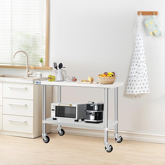 HARDURA Stainless Steel Table with Wheels 24 x 48 Inches Kitchen Prep Table Heavy Duty Stainless Steel Workbench with Aluminium Corner Undershelf NSF 304 Metel Table for Commercial Restaurant