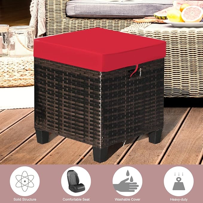 Tangkula 2 Pieces Outdoor Patio Ottoman, All Weather Rattan Wicker Ottoman Seat, Patio Rattan Furniture, Outdoor Footstool Footrest Seat w/Removable Cushions