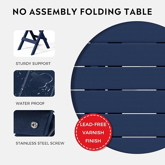 Costaelm Paradise HDPE Outdoor 24.5 Inch Round Portable Folding Patio Dining Table, Navy Blue