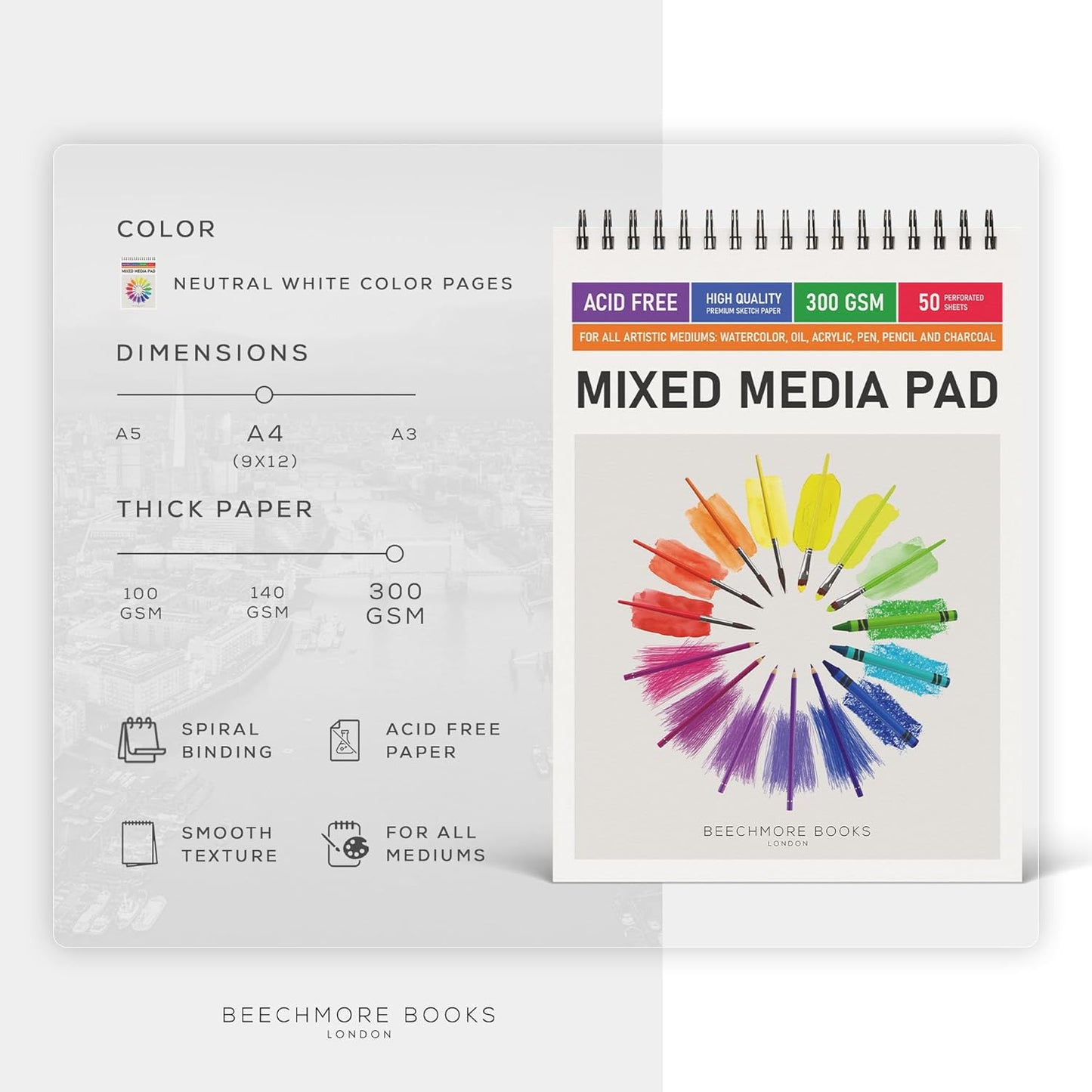 BEECHMORE BOOKS Mixed Media Spiral Sketchbook A4 9×12 – 300 GSM Heavyweight Paper, 50 Perforated Sheets, Bleedproof Art Pad for Watercolor, Acrylic, Oil, Gouache, Markers