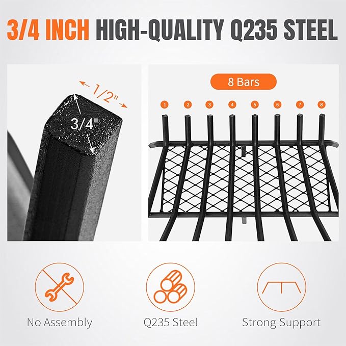 INNO STAGE Fireplace Grates with Ember Retainer - 27 Inch Fireplace Log Grate, Firewood Wood Log Holder Rack, Inside Wrought Cast Iron Fire Grate for Hearth Indoor Outdoor Camping
