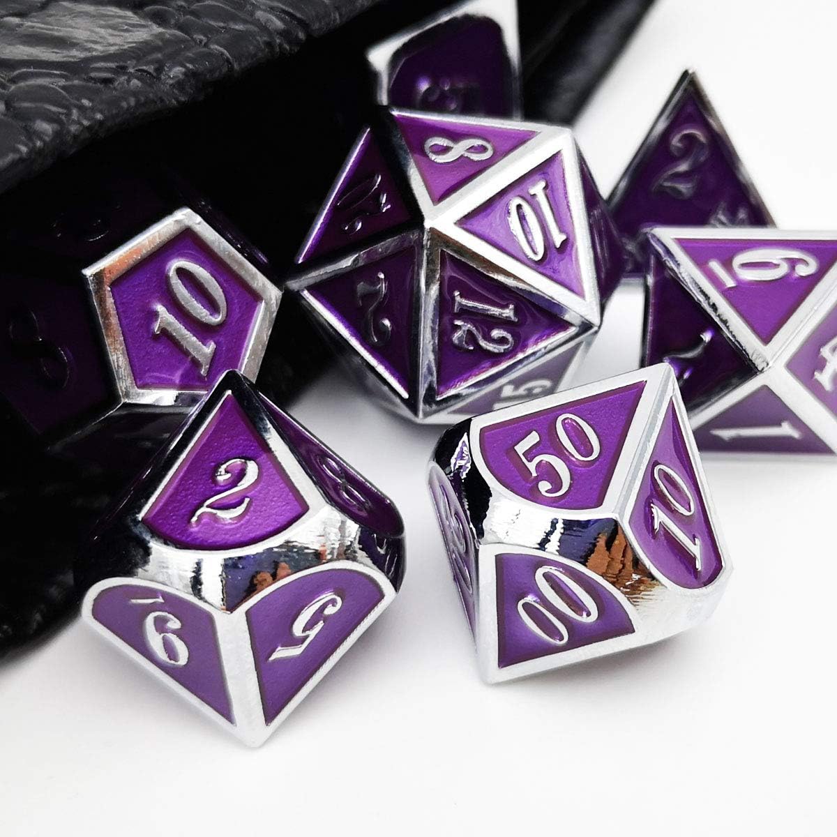 Haxtec Metal DND Dice Purple Silver with PU Leather Dice Bag D&D Dice Set for RPG Compatible with Dungeons and Dragons Gifts TTRPGs-Silver Royal Purple