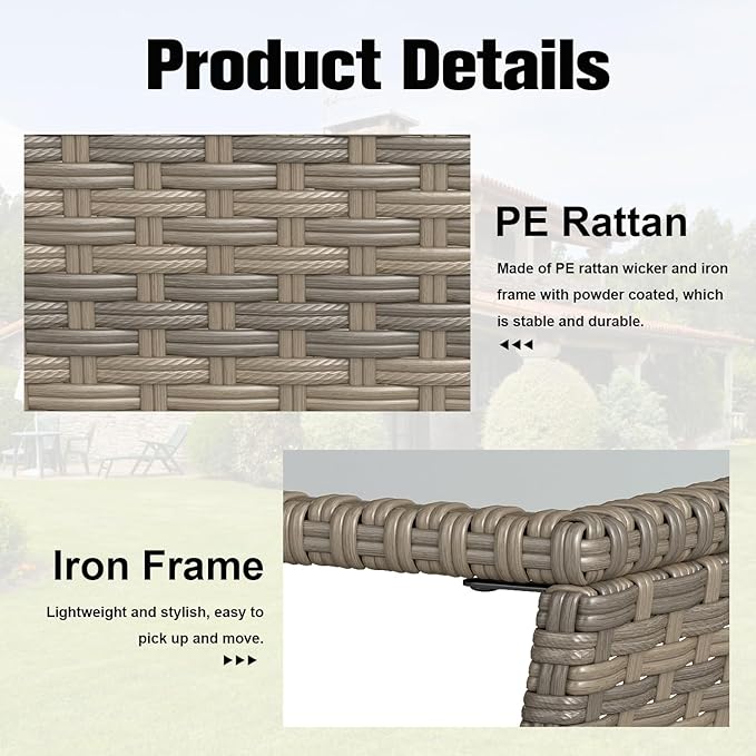 kinbor Small Patio Table - Tempered Glass Top Small Outdoor Wicker Side Table with Storage Shelf for Patio, Balcony & Porch, Durable PE Rattan & Iron Frame