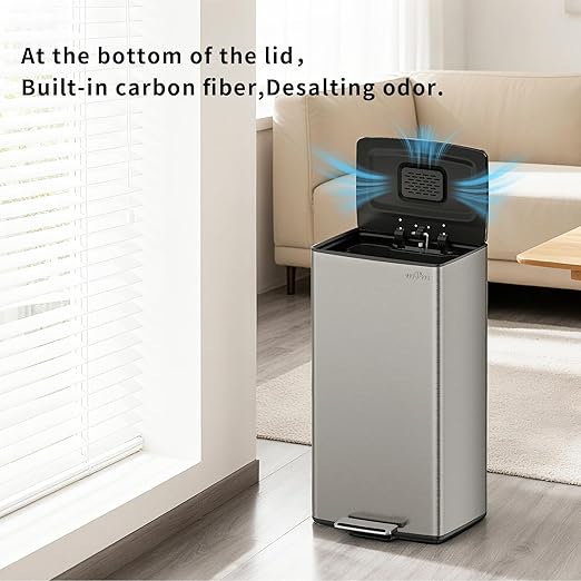 mVm Kitchen Trash Can, 40Liter / 10.6 Gal Brushed Stainless Steel Trash Can With Lid And Foot-Pedal, Soft-Close, Odor Control,Anti-Fingerprint,Garbage Can For Kitchen,Living Room,Office(Metallic Gray)