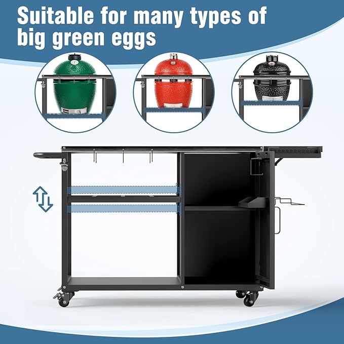 Big Green Egg Outdoor Grill Table, Portable Heavy Duty Grill Cart with Wheels, Plenty of Storage, Fits Large, Medium, and Small Big Green Egg and Kamado Joe Classic Grills
