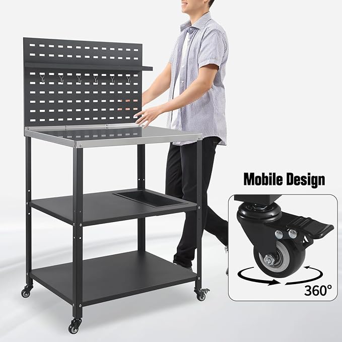 Three-Tier Grill Cart with Hanging Plate,Grill Table with 2 Locking Casters for Patio and Backyard,Stainless Steel Pizza Oven Stand Table,Black