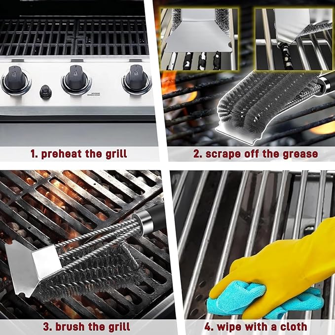 HEXAR® Grill Brush, Barbecue Grill Cleaning Brush Combination of Brush with Scraper, BBQ Cleaning Brush with Stainless Steel Bristles and Extra Long PP Handle