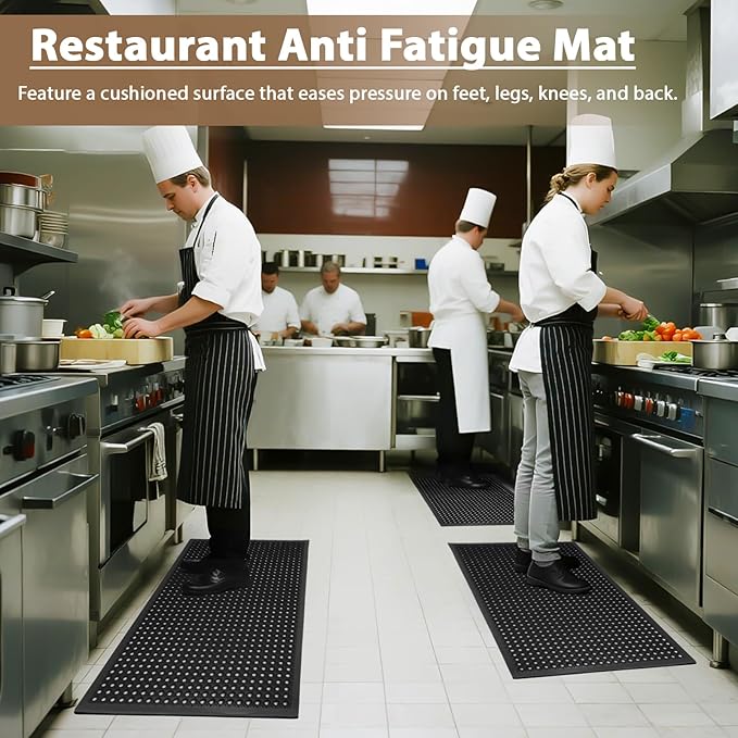 Restaurant Anti Fatigue Mat, Outdoor Rubber Floor Bar Mat, 36"X60" Non-Slip Kitchen Commercial Mat with Drainage for Garage, Entryway, Kitchen, Bar, Black