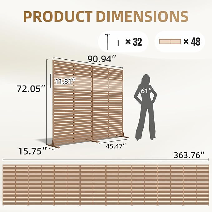 Privacy Fence Screen with Stand 6 Panel 72" H×47" W HDPE Decorative Panels with Steel Poles and Stand, Air Conditioner Fence Panels, Privacy Screen for Outdoor Backyard, Balcony, Pool