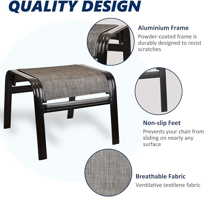 Outdoor Patio Ottoman Seat Textilene Portable Metal Footstool Portable Footrest Patio Chairs 2 Set New Brown